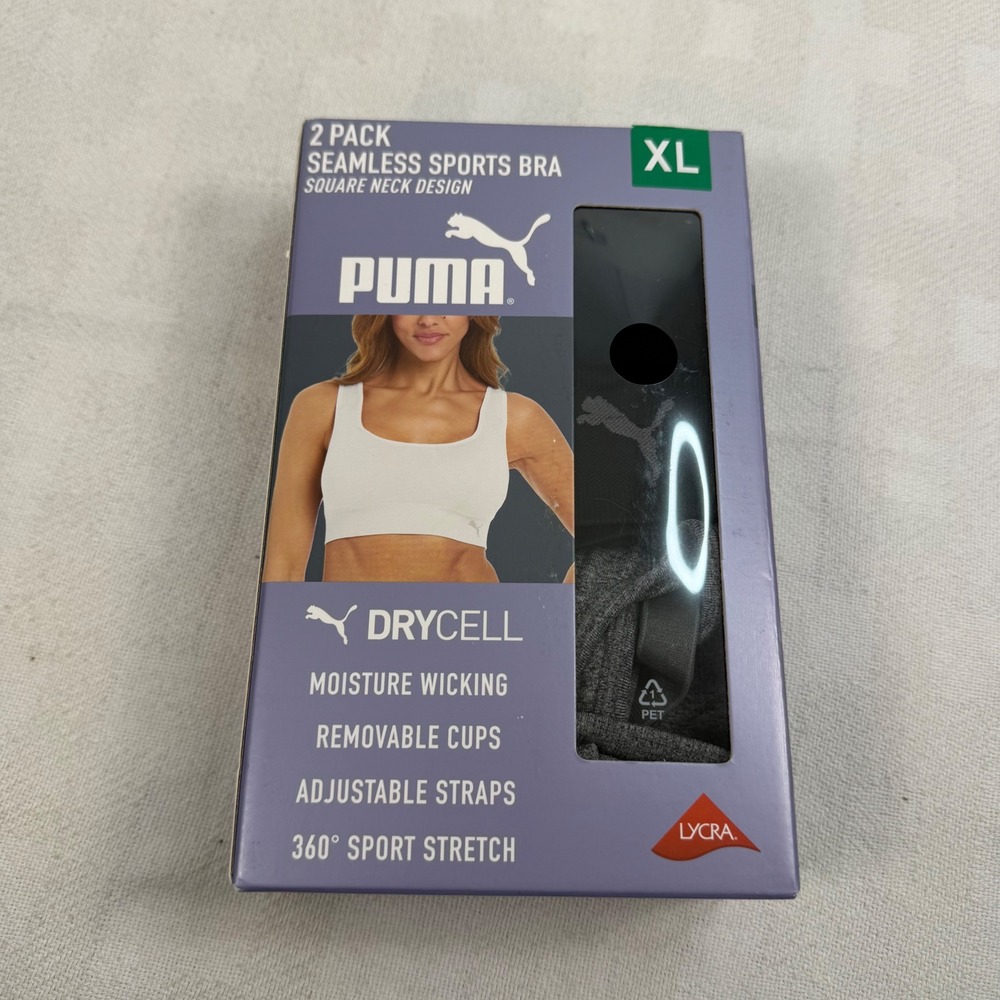 Puma Womens 2 Pack Seamless Square Neck Sports Bra XL Black Grey DryCell